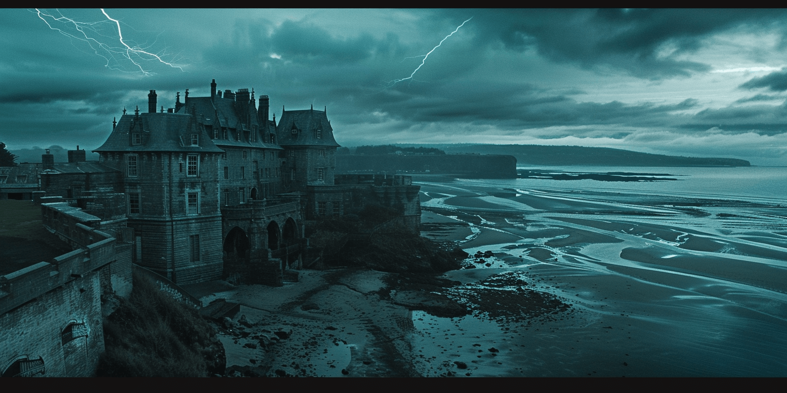 Image of a grand castle in Scotland, Washington - nestled beneath a storming tempest hovering above. 